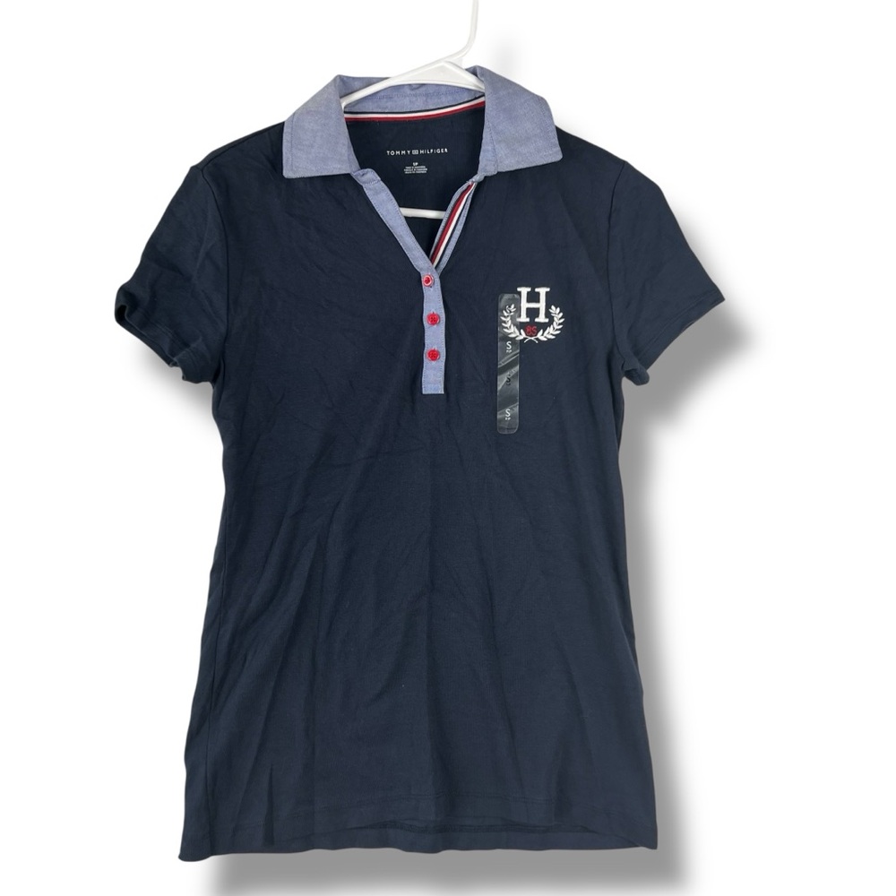 Tommy Hilfiger V Neck Polo Womens S Small Blue Short Sleeve Golf